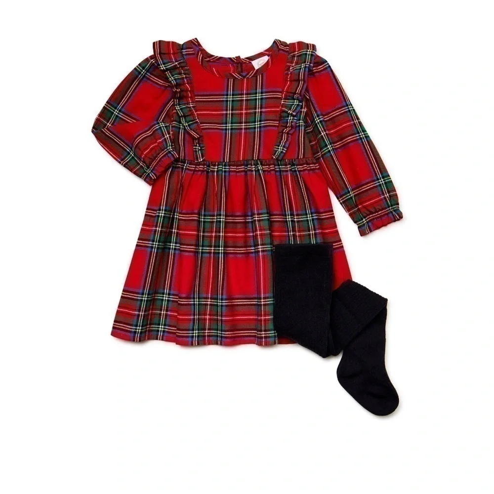 Baby Girls Plaid Dress Outfit with Matching Tights size 6-9 M